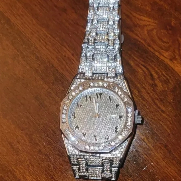 Men's Iced Simulated Diamond CZ Silverplated Alloy Arabic Numeral Quartz Watch - Picture 16 of 16